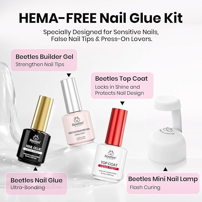 Beetles 4Pcs 15ml HEMA-Free Nail Tips Glue Kit with Builder Nail Gel, No Wipe Top Coat & Portable Nail Lamp, All-in-One Nail Extension Kit for Press on Nails False Nail Tips, DIY Salon Nails at Home