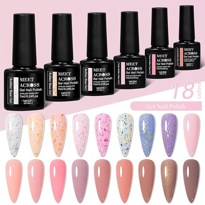MEET ACROSS 18 Colors Rubber Base Gel Set, Nude Pink Brown Builder Nail Gel, 2-in-1 Builder Base Nail Gel Blue Purple Skin Tones Gold Foil Soak Off Base Gel Nail Strengthener 7ml