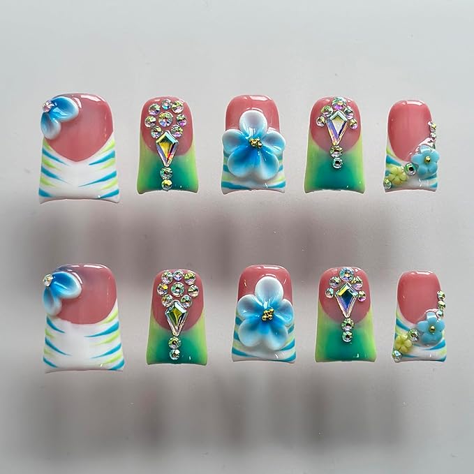 Luxury Press on Nails Short Duck Handmade 3D Unique Reusable ABS Material Fake Nails French Tip False Nails with Designs Floral Rhinestones Blue&Green Glossy Glue on Thick Acrylic Nails(M)