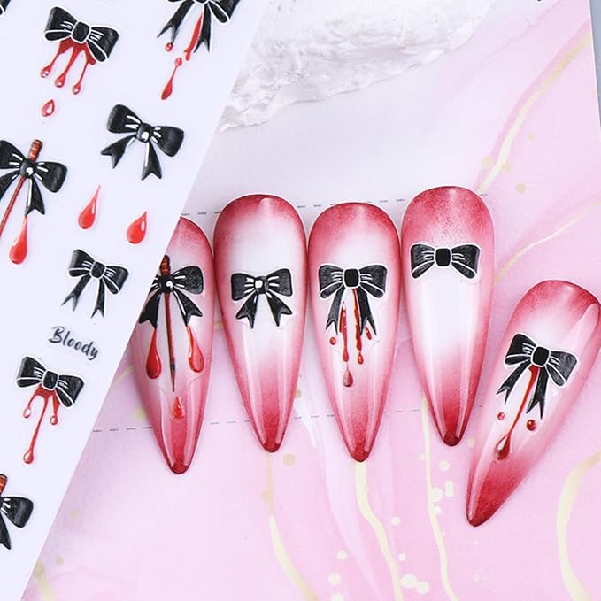 Red Black Halloween Nail Art Stickers Decal 5D Embossed Flower Spider Web Nail Stickers with Rhinestones Bow Blood Drop Nail Decals Self-Adhesive Spider Nail Art Decal for Women Halloween Decor