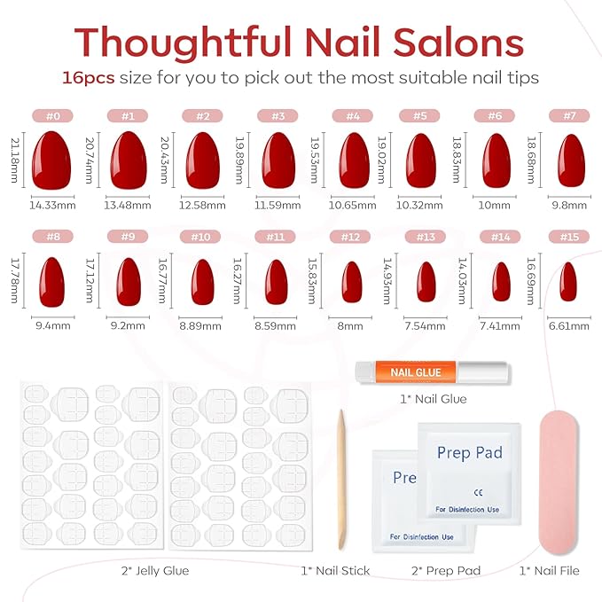 Modelones Red Press on Nails Almond, Spring Short Almond Fake Nails, Nail Kit with Nail Glue Adhesive Tabs Mini Nail File, Nails Press Ons 32 Pcs16 Sizes, Women Girl Gift