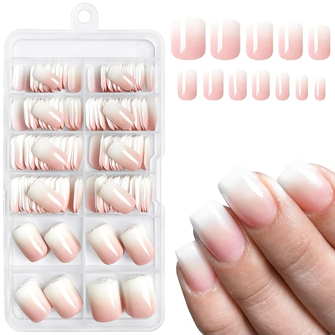 AddFavor 240pc Ombre Press on Nails Short Square Fake Nails - Glue on Nails Square Acrylic Nails Press ons Nail Tips Short Stick on Nails with Nail Glue and Adhesive Tabs for Women