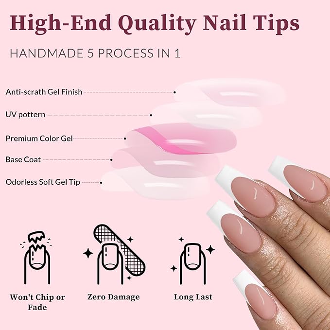 120PC White French Tip Press on Nails Medium Fake Nails Press ons with 5*Adhesive Tabs, Brown Square Acrylic Nail Press on Nail French Tip Nails False Artificial Fingernails Stick on Nails-L