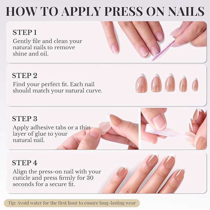 Press On Nails French Tip Almond - White Glossy Acrylic, Long Lasting Reusable Fake Nails with Glue, Adhesive Tabs, File, Prep Pad, Manicure Stick 30Pcs in 15 Sizes for Everyday or Fall
