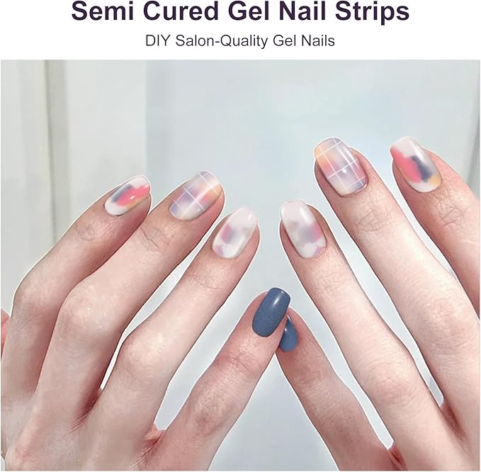 Semi Cured Gel Nail Strips,28 pcs Street Color Gel Nail Stickers with UV Light Required,Long Lasting Nail Art Stickers, Easy to Apply（Cream Blue）
