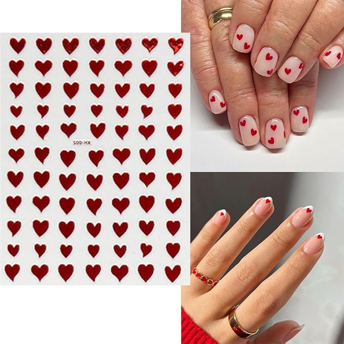12 Sheets Valentine's Day Nail Art Stickers Decals Heart Nail Stickers Valentines Red Love Design 3D Self-Adhesive Nail Decals Colorful Manicure Supplies for Holiday Nail Art Decorations