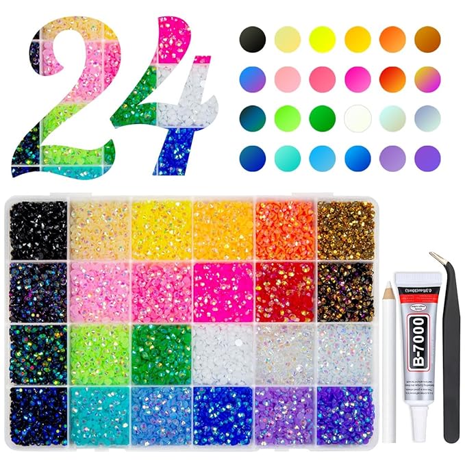 24 Color 4mm Jelly Resin Rhinestones w B7000 Glue for Bedazzling Crafting Flatback Stones Bedazzler Kit Colorful AB Gems Diamonds Charms for Nails Eyes Face Makeup Tumblers DIY Crafts Shoes