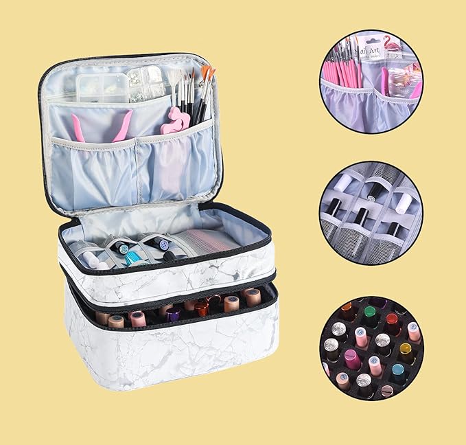 Nail Polish Organizer- Holds 30 Bottles Nail Supply Organizers and Storage Double-layer Nail Bag Organizer Case Nail varnish Organizer Nail Polish Storage Bag with Handle (White-a)