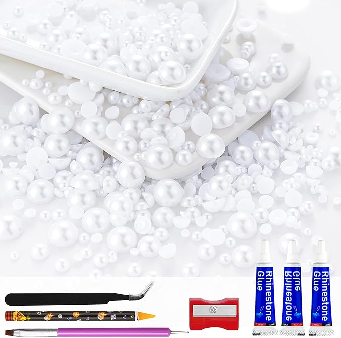 60g White Flatback Half Round Pearls Mixed Size 3-10mm Resin Craft Beads for Nail Art, Face Gems, DIY Jewelry Making