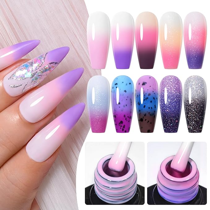 MEET ACROSS 12PCS Thermal Nail Gel Polish Kit, Temperature Shiny Color Changing Gel Polish Set, Soak Off UV Sequins Mood Changing Gel Polish Nail Art DIY Salon Manicure Gifts