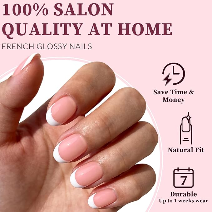 120PC White French Tip Press on Nails Short Fake Nails Press ons with 5*Adhesive Tabs, Pink Almond Acrylic Nail Press on Nail French Tip Nails False Artificial Fingernails Stick on Nails-I