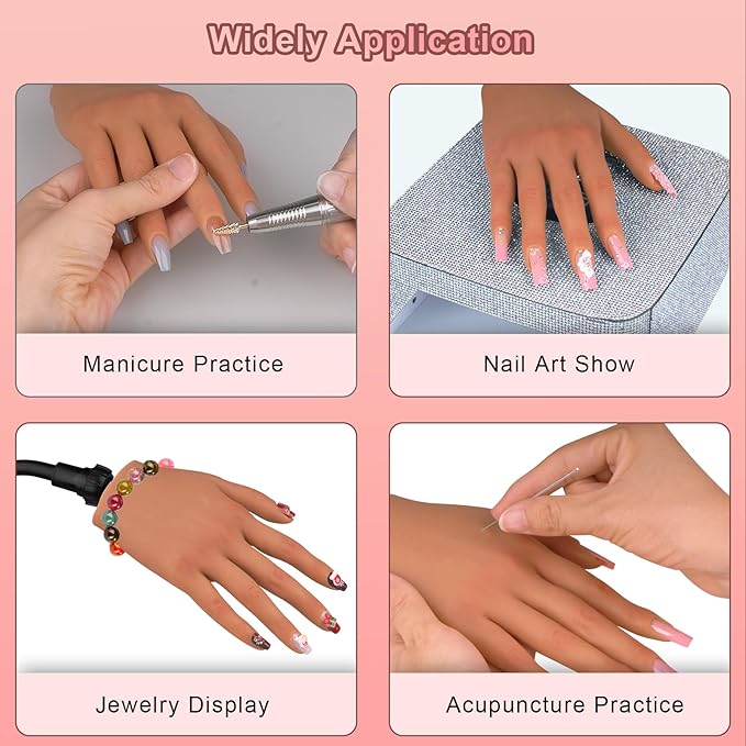 Practice Hand for Acrylic Nails,Silicone Nail Practice Hand with Stand Bracket,Flexible Bendable Nail Practice Fake Hand, Nail Training Hand Mannequin for Nail Art Display Beginners, Nail Tech