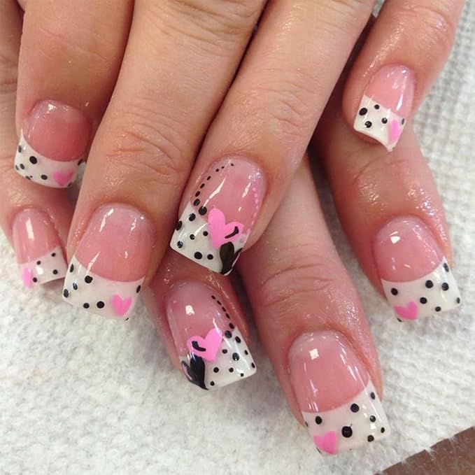 Valentines Day French Tip Press on Nails Short Square Valentine’s Day Nails with Heart Spot Designs Acrylic Fake Nails Glossy Artificial Nails White Nails Tips Glue on Nails for Women Girls 24Pcs