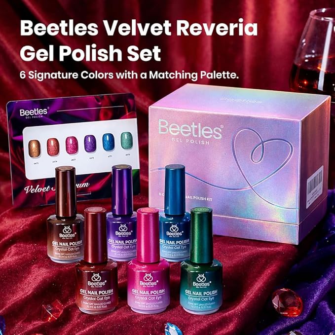 Beetles Cat Eye Gel Nail Polish Set - 6 Colors 15ML Glitter Gel Polish Kit Red Pink Brown Burgundy Purple Blue Green Magnetic Stunning Effect Soak Off UV Nail Art DIY Home Manicure Gift for Women