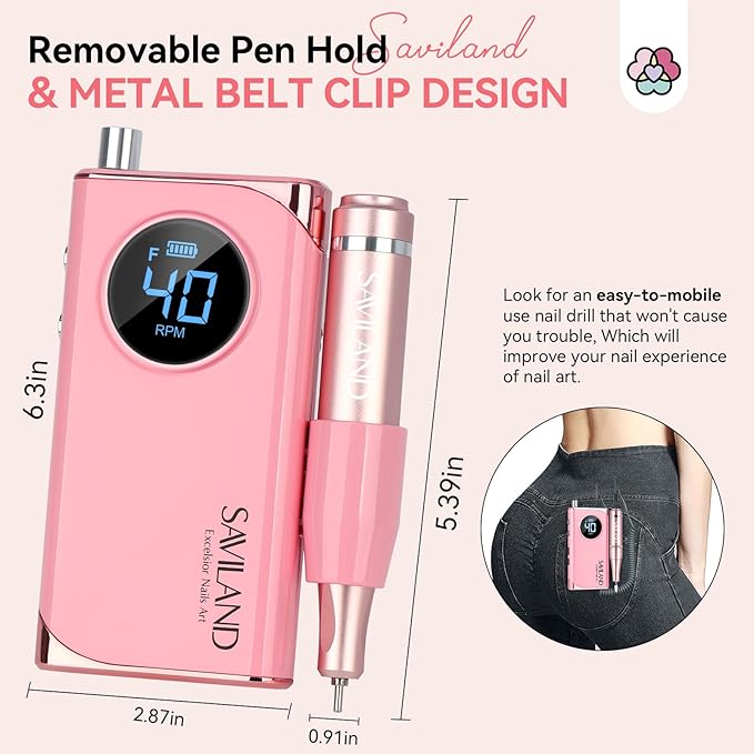 SAVILAND Electric Nail Drill Professional: 40000RPM Pink Rechargeable Electric Nail Filer with 6000mAh Battery, for Shaping, Removing & Polishing Acrylic Nails Home Salon Manicure Pedicure Ideal Gift