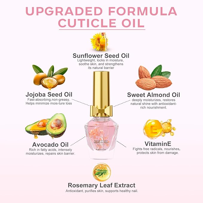 JIASHENG Cuticle Oil, Scented Cuticle Nail Oil Infused with Real Flowers, Hydrates, Moisturizes, Strengthens, Repairs, Revitalizing Cuticle Oils for Nails Damage Dry Cuticle, Peach, 12ml