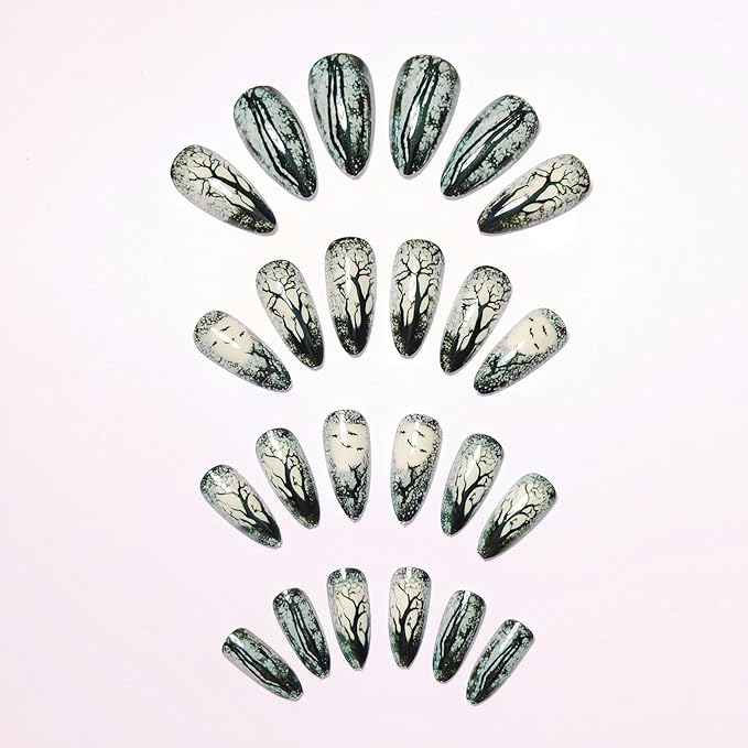 Halloween Acrylic Press on Nails, Black & White Dead Tree Fake Nails, Reusable Full Cover Stick on & Glue on Nails for Women 24Pcs