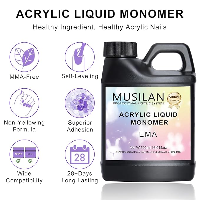 Monomer Acrylic Nail Liquid, Professiona 16.9oz Monomer Liquid for Acrylic Nail Sets and Acrylic Nail System Kit,MMA Free Monomer, Non-Yellowing Acrylic Liquid for Nails Salon DIY & Technician