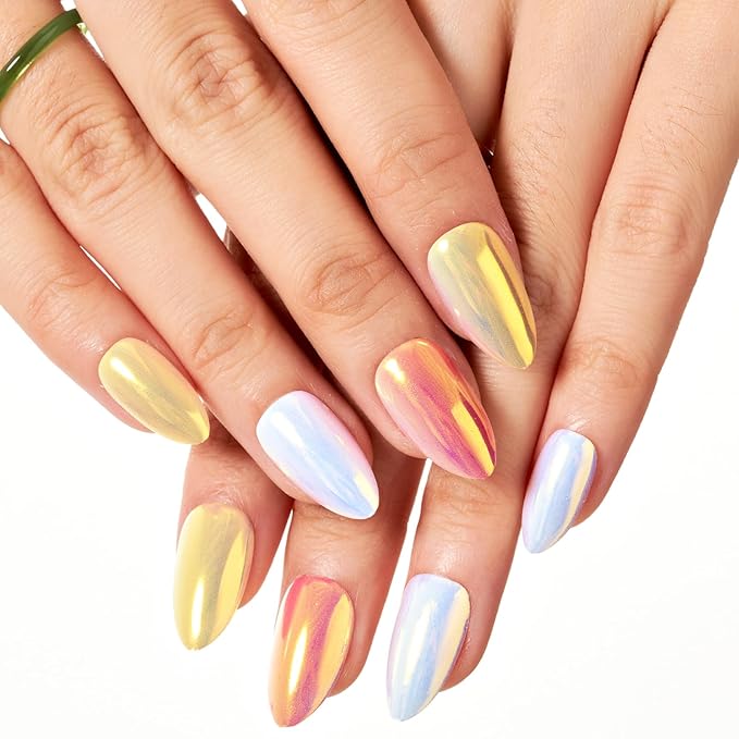 GLAMERMAID Light Pink Purple Press On Nails Short Almond, Bright Chrome Glazed Handmade Soft Jelly Gel Fake Nails, Mirror Grey Round Oval Stick Glue on Nail Kit for Women, Reusable Acrylic False Nail