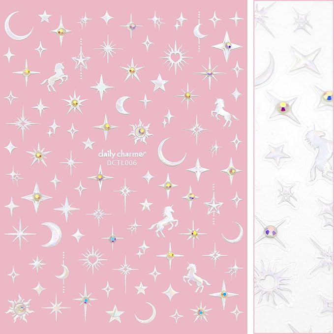 Daily Charme Celestial Bejeweled Holographic Self-Adhesive Nail Art Decal Sticker Bundle Moon Star Unicorn Zodiac Nail Art Designs for Women DIY Nail Decorations