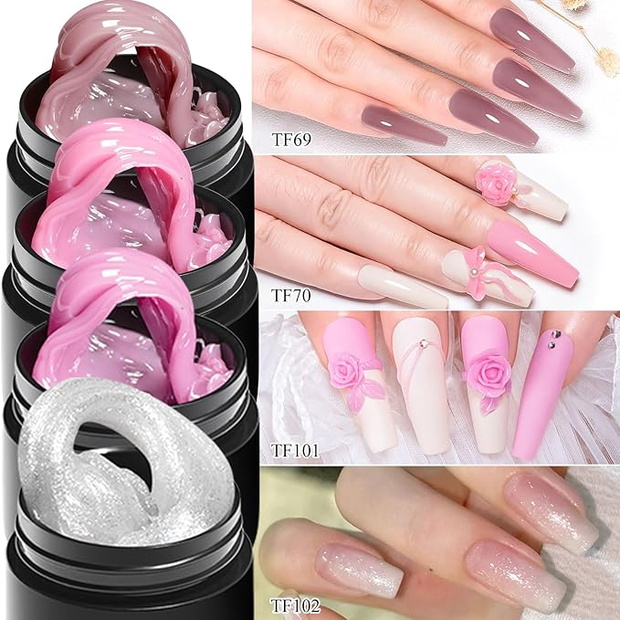 MEET ACROSS 9Pcs 3D Builder Gel Kit for Nail Art Dirty Pink Sliver Non Sticky Hand Carving Extension Solid Builder Gel for Nails with Silicone Pen Manicure Kit 4 Colors