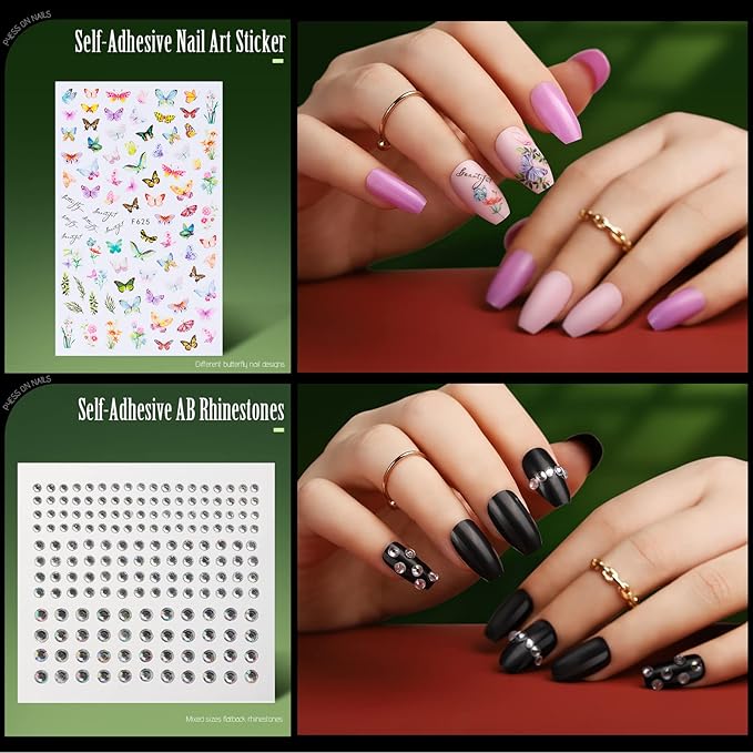 Coffin Shape Press On Nails Set, Teenitor 24 Packs 576PCS Matte Short Coffin Glue On Nails Medium Length, 12 Colors Coffin , 12 Colors Glossy Press On Coffin Nails, Reusable, Nail Adhesive Tabs, Nail Stickers Rhinestone