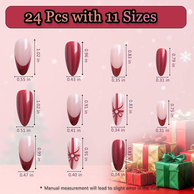 24pcs Red French Tip with Bow Medium Almond Press On Nails, Reusable Nail Kit with Adhesive Tabs, 11 Sizes (Red Bow)