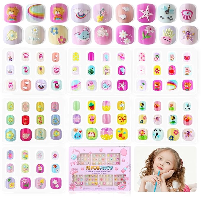 SAVILAND 3D Press on Nails for Kids: 7 Pack Kid Press on Nails for 5-9 Years Pre Glue Full Cover Short Kids Fake Nails Stick On Children Artificial False Nail Tips Fingernails Christmas Gifts for Kid