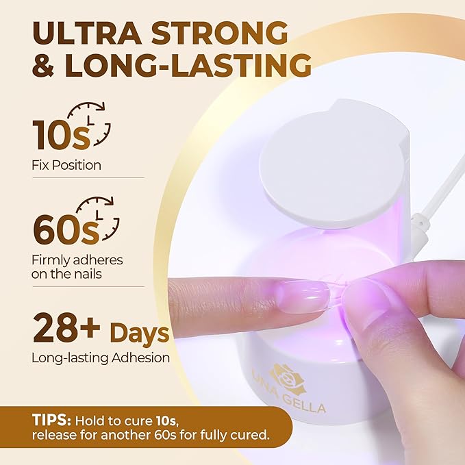 UNA GELLA 9 in 1 Gel Nail Glue U V Light Super Hold for Gel Nails Tips, 10 ml Brush On Nail Glue for Light-Color Press On Nails, Rhinestones, Base Coat, Blooming Art, Acrylic Tips Lamp Needed