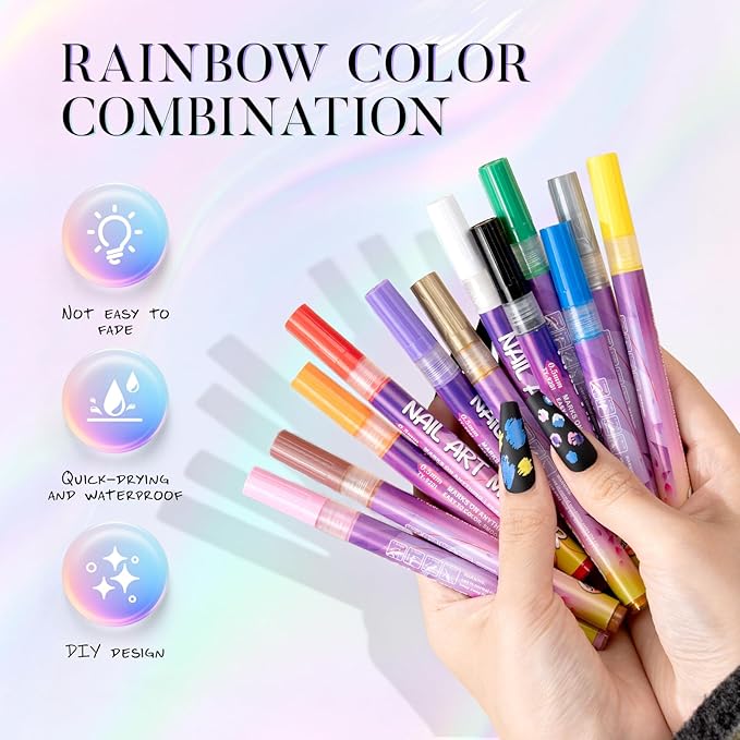 Nail Art Pens, 12 Colors 0.5mm Fine Tip Water-Based Quick-Dry Pens for DIY Nail Design, Doodles & Outlines – Nail Art Kit for Kids, Teens & Beginners