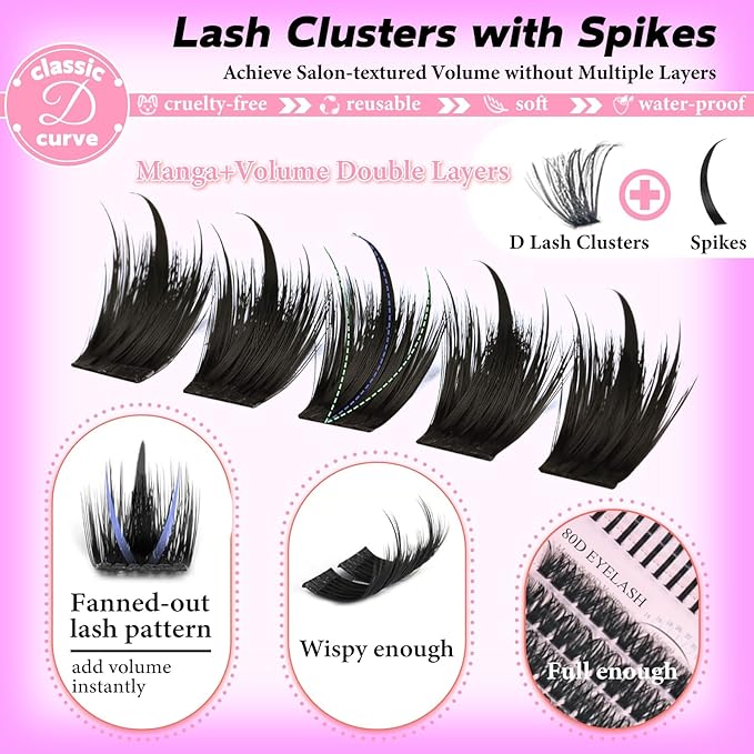 Lash Clusters Kit with Spikes, 100D+120D Eyelash Clusters Extensions Individual D Curl Fluffy Wispy False Eyelashes DlY Manga Lashes Extension Kit (12-22mm, Lash Clusters Kit)