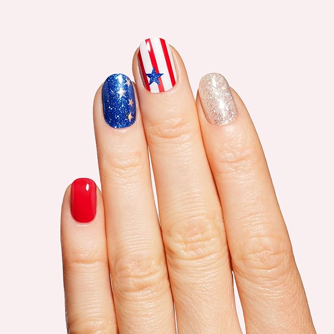 Dashing Diva Patriotic Gloss Nail Strips - National Anthem - UV Free, Chip Resistant, Long Lasting Gel Nail Stickers - 3-Piece Manicure Set - Contains 32 Wraps, 1 Prep Pad, 1 File