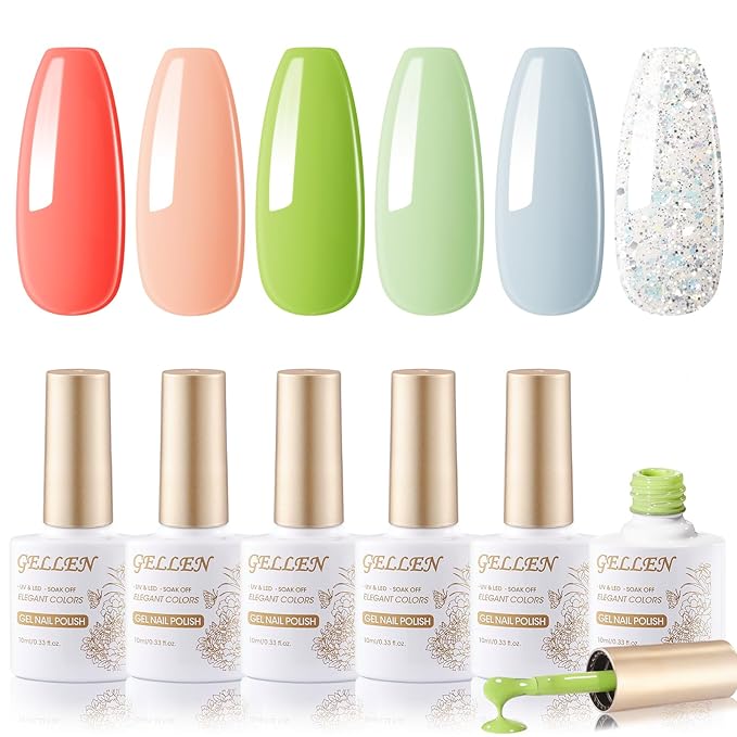 GELLEN Green Green Gel Nail Polish Set, 6 Color Spring Gels, Vivid Grass Pink Baby Blue Glitter Gel Polish Kit, Soak Off UV Gel Nail Polish, Nail Art DIY Manicure