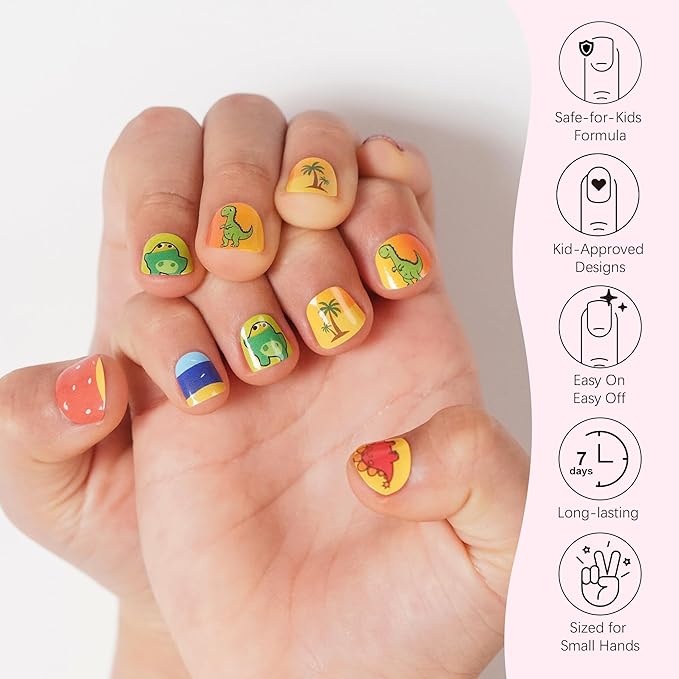 DANNI & TONI Kids Gel Nail Strips Dinosaur Beach Palm Tree Salon-Quality Peel & Stick Manicure for Children (Age 6+)– Safe, Long-Lasting, Easy to Apply | Dino Safari