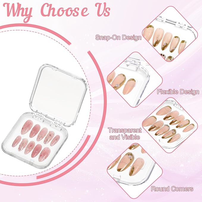 SHENLIU 50 Pack Press On Nail Packaging Box, 3 x 3 Clear Press on Nail Display Case, Acrylic Fake Nails Storage Box with 120 Adhesive Nail Tapes for Nail Display Nail Salon Supplies Nail Art Business