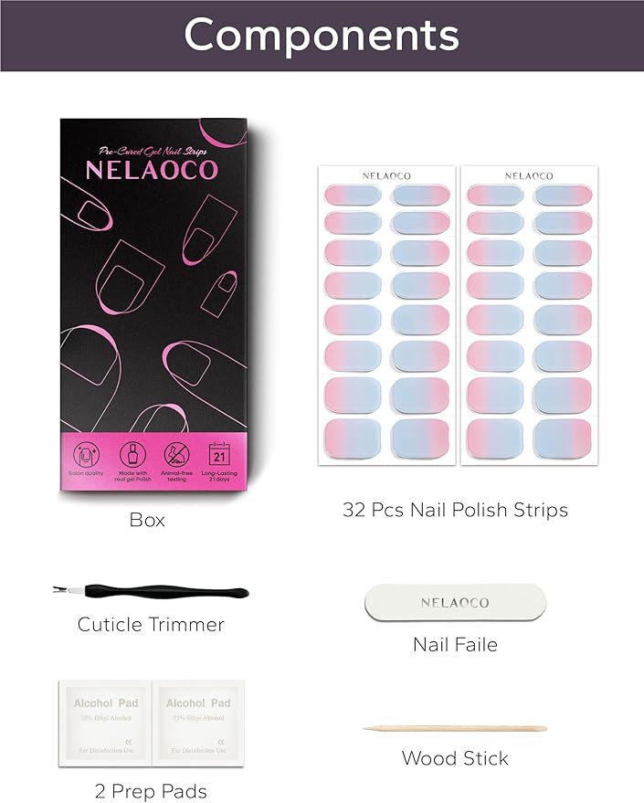 Nail Polish Strips – 32PCS UV Free Salon Quality Wraps, Long Lasting Gel Nail Stickers for Women (Ocean Sunrise Blue)