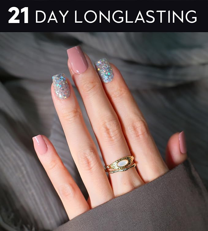 Semi Cured Gel Nail Strips - UV Light Gel Nail Stickers - 20 Long Lasting Salon Quality Wraps (Pink Peony Glitter)