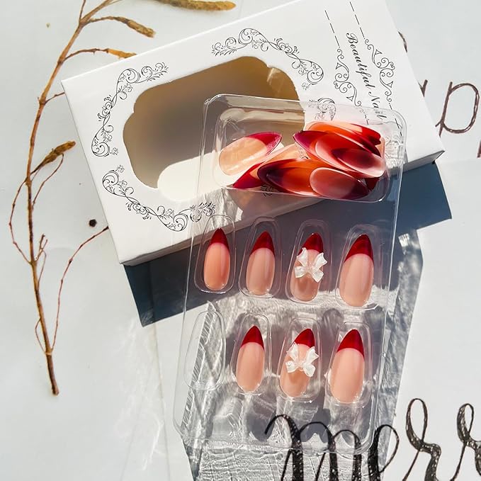 French Tip Press on Nails Medium Almond Fake Nails with Bow Charms Glue on Nails Red French Tips Nails Acrylic Press ons Stiletto Artificial Nails Cute Bow False Nails for Women Manicure Design 24 Pcs