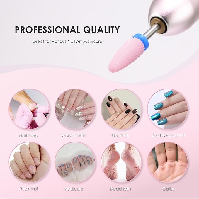 Depvko 10PCS Ceramic Nail Drill Bits, Professional 3/32 inch Electric Manicure Pedicure Drill Bits Nail Tech Set for Acrylic Gel Nails, Efile Cuticle Remover Safety Bit for Nail Drill File, Pink