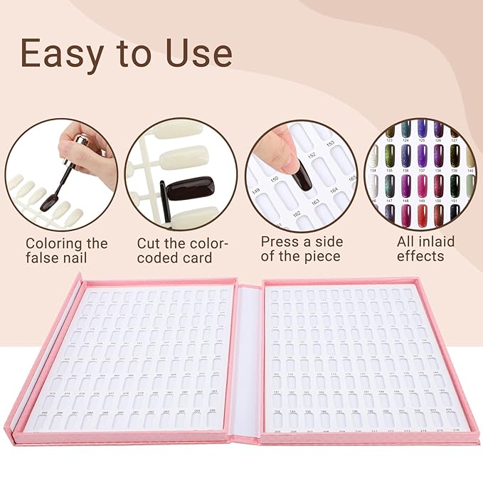 Segbeauty 216 Nail Colors Display Book, Nail Polish Organizer Colors Chart with 240 False Nails Tips, Professional DIY Fingernail Painting Stick Sample Card Practice Tool Salon Beauty Pink