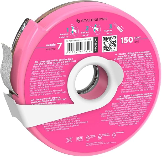 Staleks Pro Disposable White Abrasive Tape papmAm Expert – 150 Grit – 7m Roll in Plastic Case – Glueless Replaceable Abrasive – Professional Nail Filing – Manicure & Pedicure