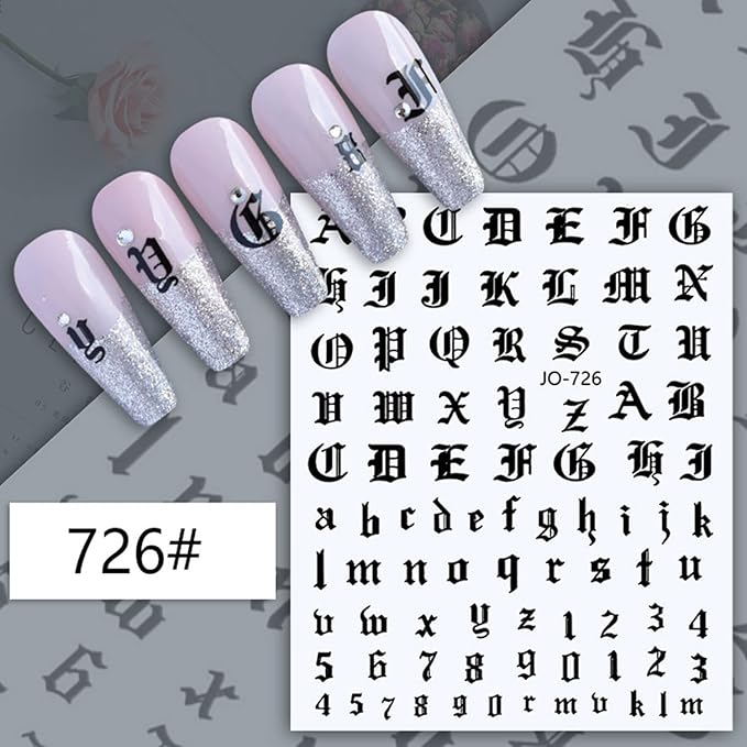 12 Colors Old English Nail Art Stickers, 3D Letters Self-Adhesive Sticker Design, Laser Gold Silver Red Black White Pink Yellow Green Alphabet Nail Transfer Decals for Women Manicure Decorations