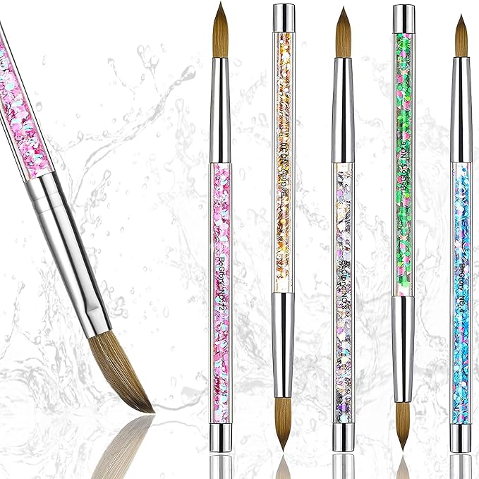 BeGlory 5PCS Acrylic Nail Art Brushes Set - Nylon Round Head - Pink, Gold, Silver, Blue, Green Handles - Manicure & Pedicure Tools