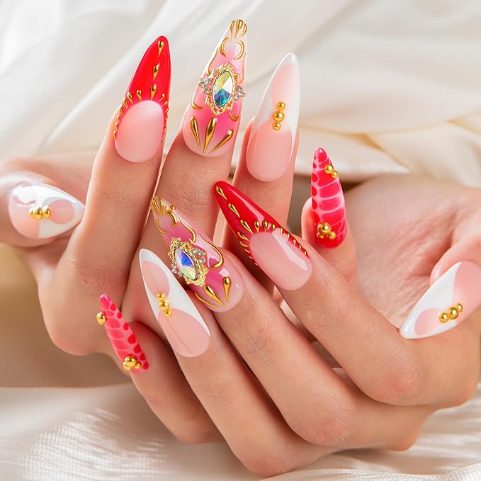LOVFUL Short French Tip Press on Nails Royal Flame | Handmade Acrylic Press ons| Reusable Fake False Nails | Stiletto Classic Regular 1.3in | H703-S