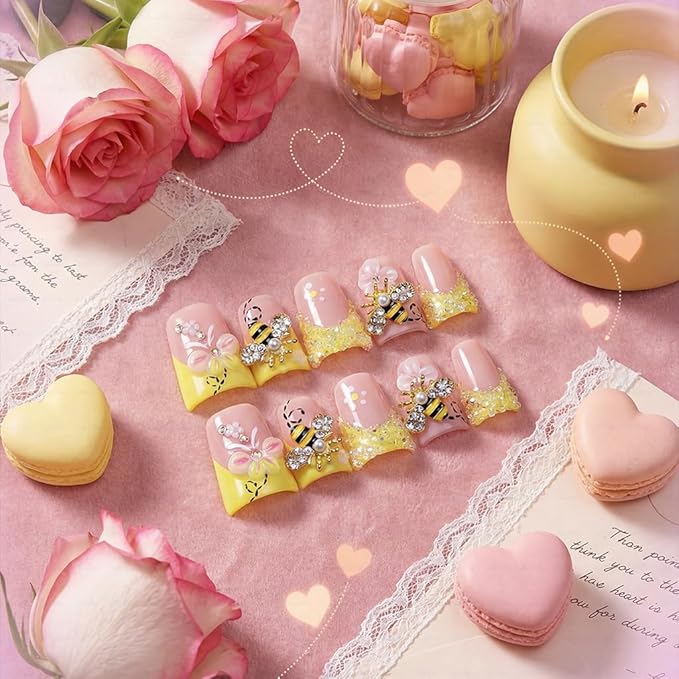 10 Pieces Luxury Acrylic Press On Nails Short Handmade Duck Nails, Butter Yellow Thickened False French Nails, Sugar Crystal Rhinestones, Floral Bee Charms, Reusable Acrylic Nails (L)