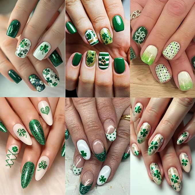 6 Sheets St. Patrick's Day Nail Art Stickers 3D Self-Adhesive Green Shamrock Nail Decals Clover Nail Stickers Luck Leaf of Irish Nails Designs St. Patrick's Day Nails Supplies for Women Manicure DIY
