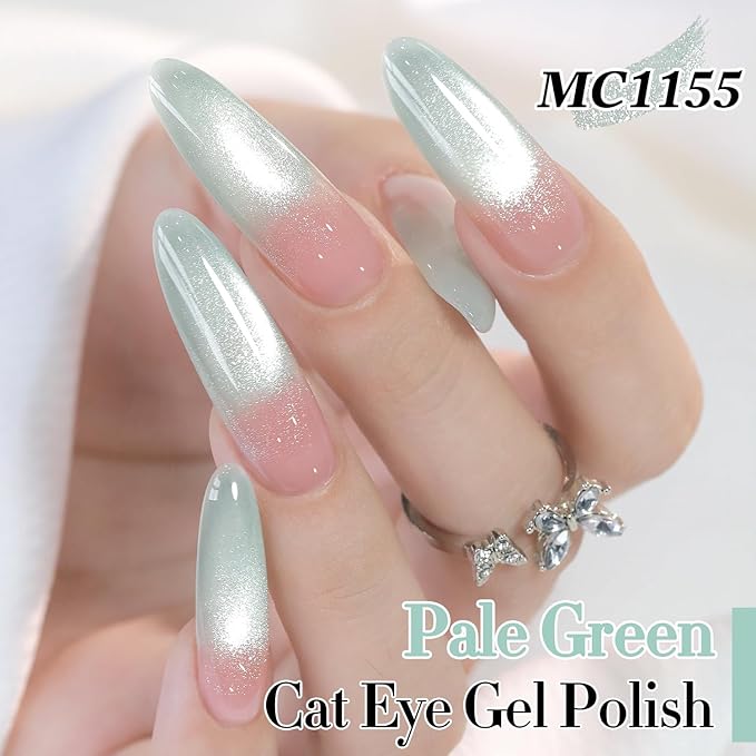Double Rhythm 0.5 Oz Cat Eye Gel Polish with Magnet Same Color Same Bottle Holographic Glitter Shimmer Translucent Color Salon 15 ML Magnetic Nail Art (Light Green-MC1155)
