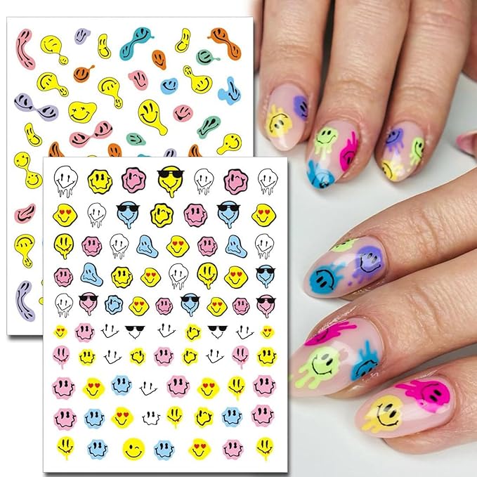 12 Sheets Abstract Smiling Face & Evil Eye Nail Art Stickers, Summer 3D Funny Dripping Melting Smile Self-Adhesive Designs Nail Decals