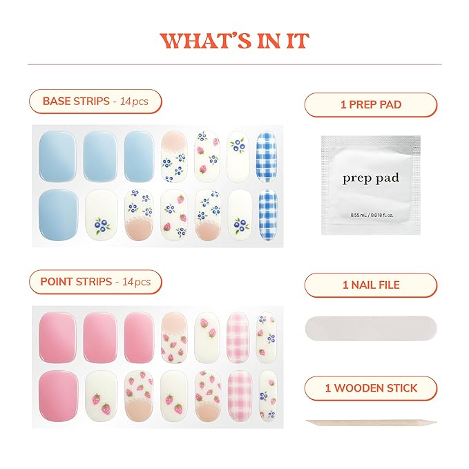 Heyhae Semi Cured Gel Nail Strips | No LED Lamp Needed | Summer, Solid, Pink | Easy Apply & Remove, Salon Quality | Includes 28 Strips, 1 Prep Pads, Nail File & Wooden Stick - Hey, It's Berrylicious