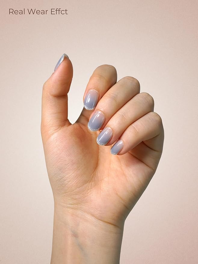 Pre Cured Gel Nail Strips - 44PCS Salon Quality Gel Nail Stickers - Long Lasting Polish Wraps for Women no UV Light Needed Easy Apply& Remove (Dreamy Blue）
